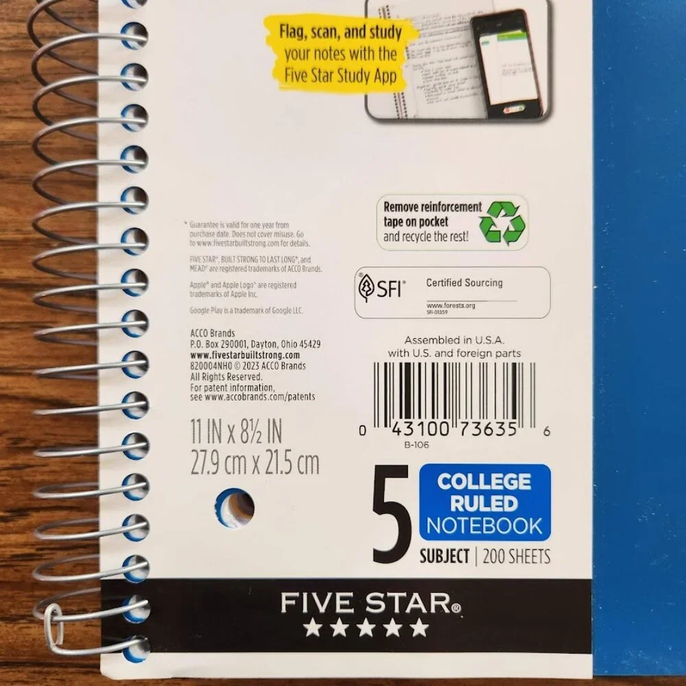 Five Star Spiral Notebook 5 Subject College Ruled Paper 200 Sheets School Suppli